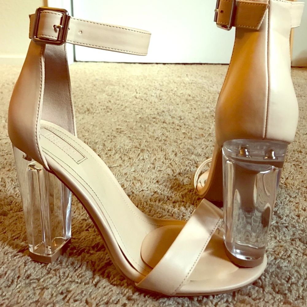 Beige heels with chunky clear heel